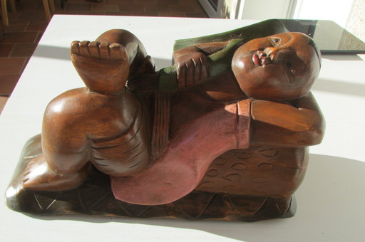 Statuette en bois, Bouddha polychrome