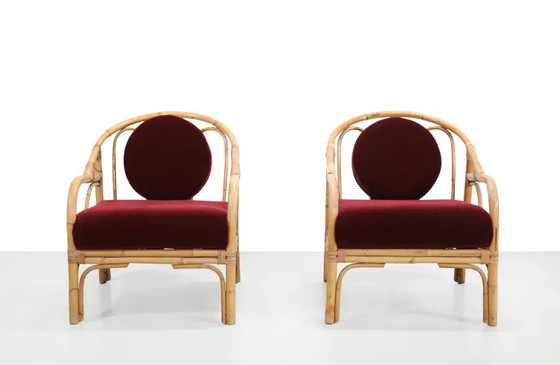 Set di 2 poltrone in bambù e rattan con rivestimento in mohair color rosso bordeaux. – Sedie da giardino (photo 7 of 7)