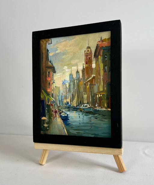 Original Oil Painting City River Landscape Reflection of Venice