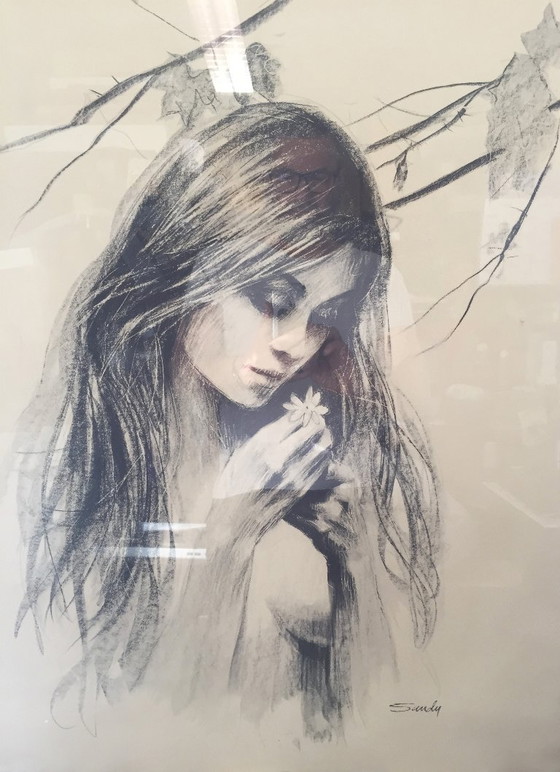 Image 1 of Monochrome Lithograph Drawing Nude Woman with Flower by Sandu Liberman 1971 Art