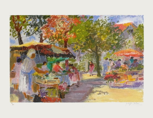 Yvonne CHEFFER-DELOUIS, Mercato di Place des Carmes, Litografia firmata