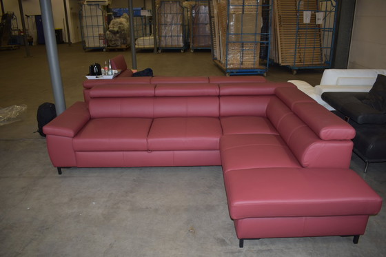 Image 1 of Ledersofa Chilano Rot Mit Schlaffunktion Mit Kopfstützenverstellung Couch Sofa Ecksofa Ledercouch Lederecksofa Schlafsofa 