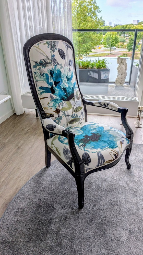 Armchair with floral print, Roche Bobois, Wood, Textile, Black, Vintage (photo 3 of 8)