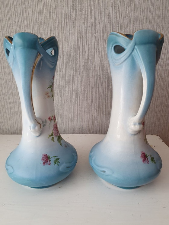 Image 1 of Pair of Art Nouveau vases - Saint-Ghislain (Belgium) - 31 cm