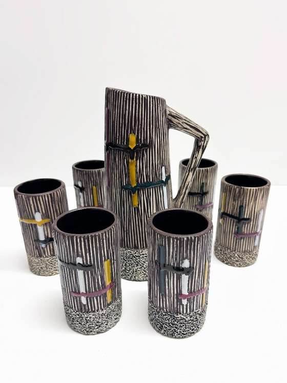 Handbeschilderde set met sinaasappelsap en water. Frankrijk, jaren 60. – Henri Cimal, Glazen & Karaffen (photo 6 of 15)