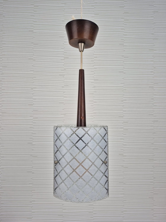 Mid-Century Pendant lamp in teak and embossed glass. Vintage lamp., Wood, Brown (photo 3 of 14)