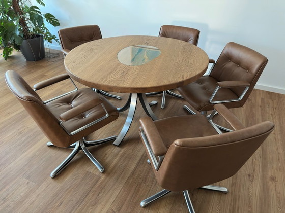 Image 1 of Ronde Tecno eet- en vergadertafel – Massief eikenhout met glazen inzetstuk