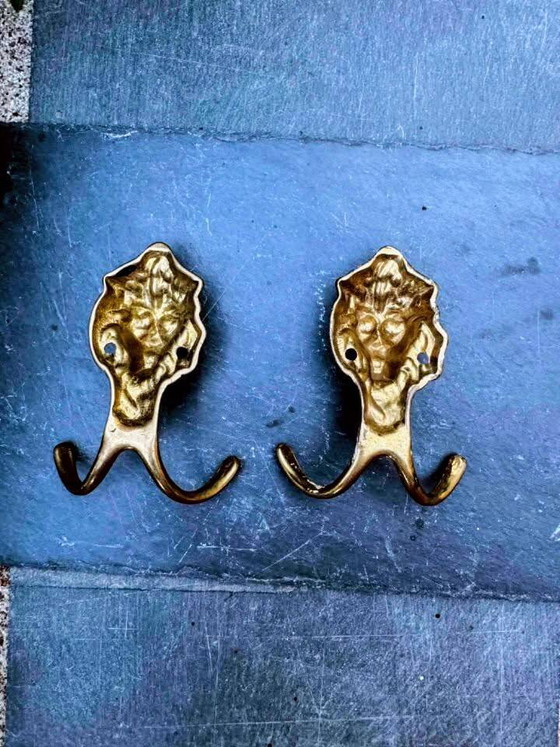 Pair of solid brass lion coat hooks Art Nouveau – Coat racks (photo 3 of 4)