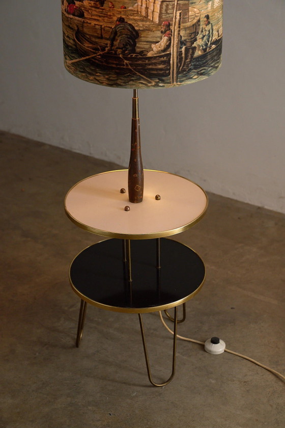 Lampadaire de table Hairpin en laiton avec abat-jour vénitien, Bois, Textile, Noir, Mid Century Modern (photo 5 sur 12)