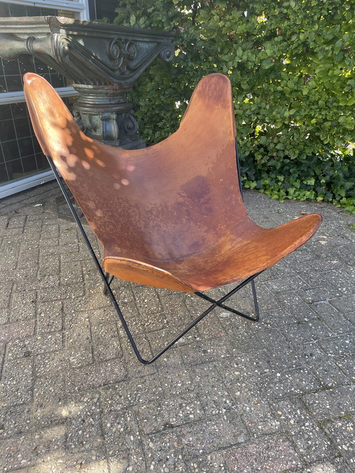 Jaren 60 vlinderstoel met tuiglederen zitting