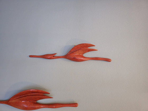 Image 1 of Decorazione murale vintage in legno di teak con uccelli.