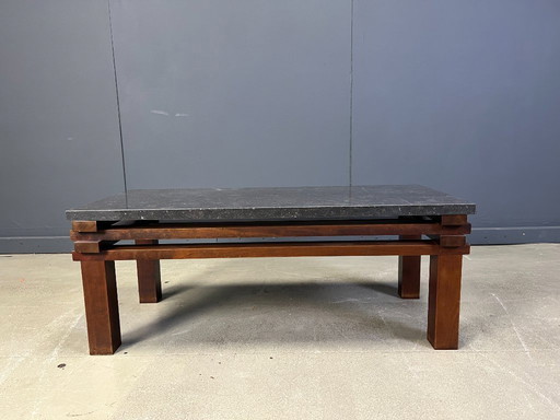 Table basse vintage en bois et plateau en pierre, années 1970