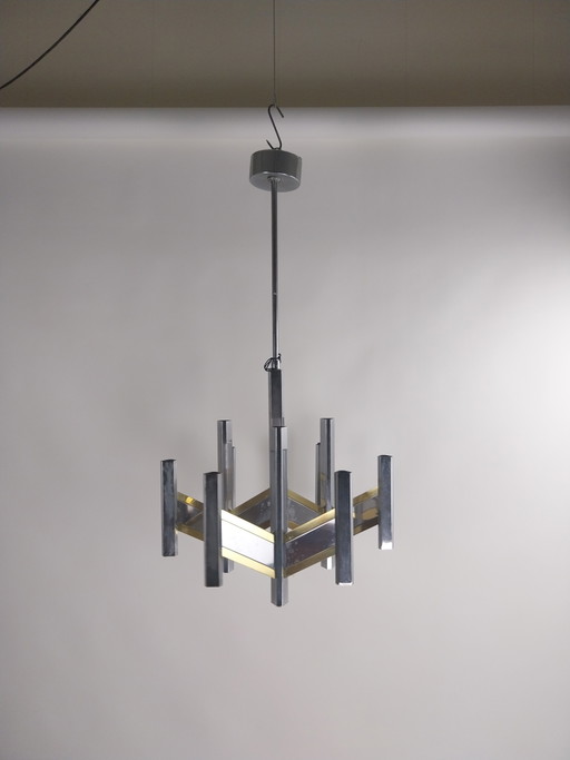 1 x Geatano Sciolari "Concorde" 9-light pendant lamp in chrome and brass 1970s