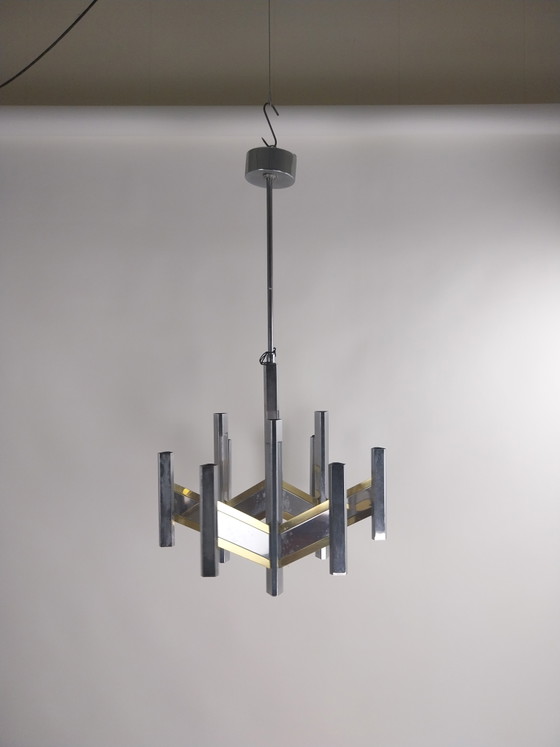 Image 1 of 1 x Geatano Sciolari "Concorde" 9-light pendant lamp in chrome and brass 1970s