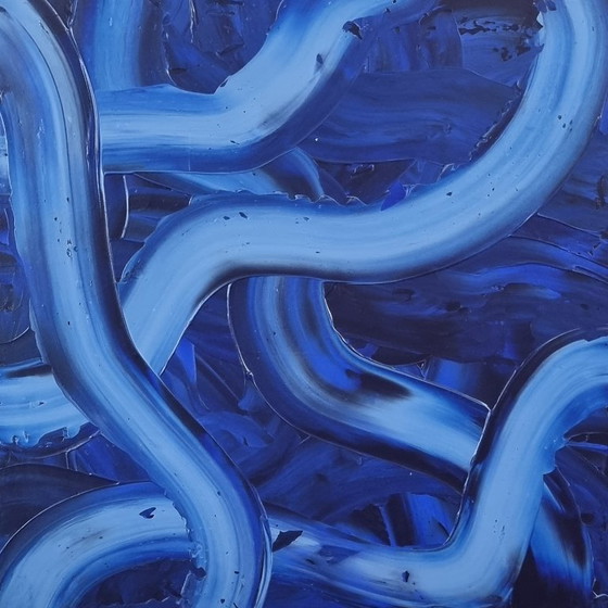 Image 1 of Frances Eckhardt - 50x50 cm handgeschilderd abstract blauw schilderijtje ingelijst