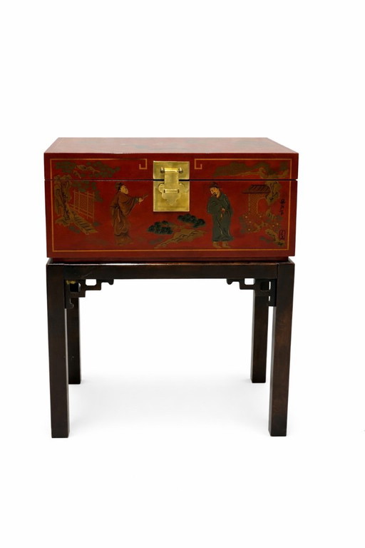 Chinoiserie vintage Drexel Heritage de mediados de siglo, lacado en rojo