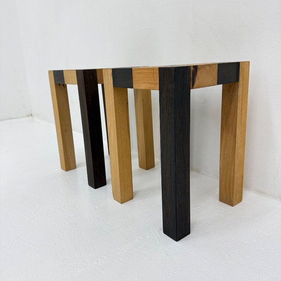 Image 1 of Set of 2 vintage wooden side tables, brown and light wood