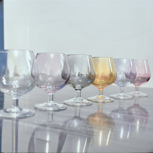 Set of Six Vintage Iridescent Cognac Glasses Made in France