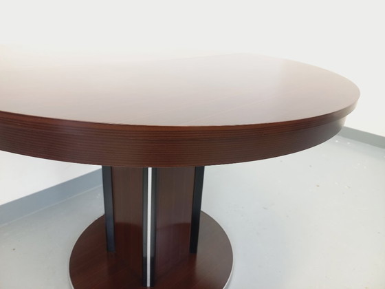 Image 1 of Table ronde de repas vintage en bois d’ébène et métal chromé style Space Age / Diner des années 70 avec rallonge intégrée