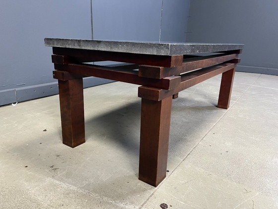 Image 1 of Vintage salontafel met houten en stenen blad, jaren 70