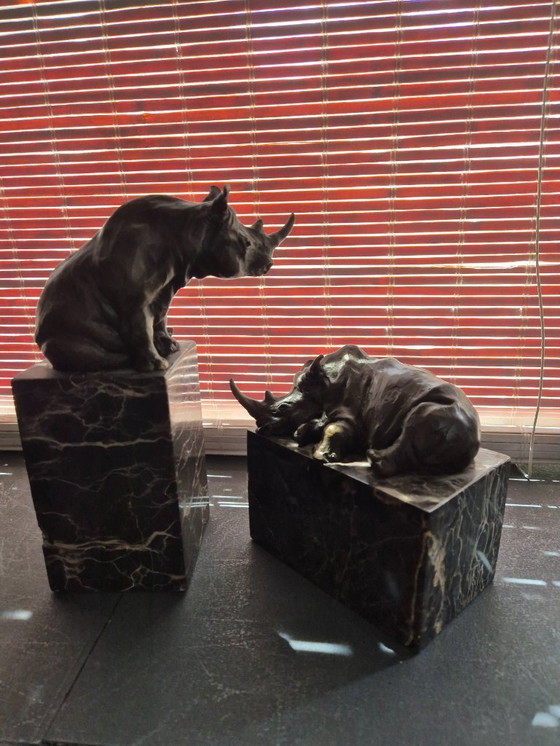 Image 1 of Twee bronzen neushoorn beelden