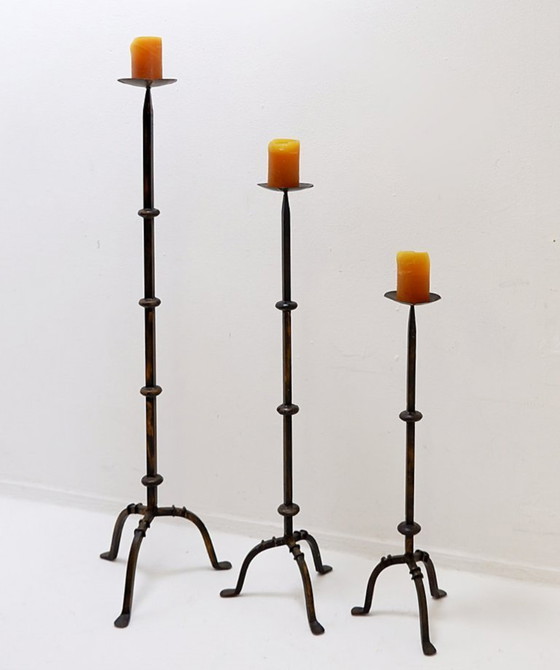 Image 1 of Set of 3 brutalist tripod candlesticks/candle holders in wrought iron
