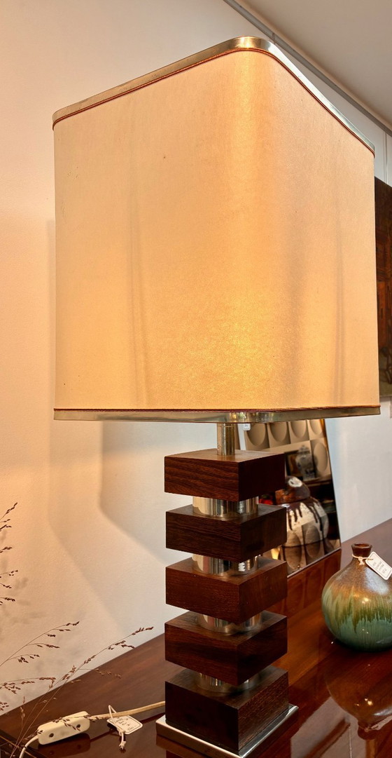 Large Vintage Architectural Table Lamp – Stacked Noble Wood & Chromed Metal Base, Rectangular Lampshade (photo 5 of 6)