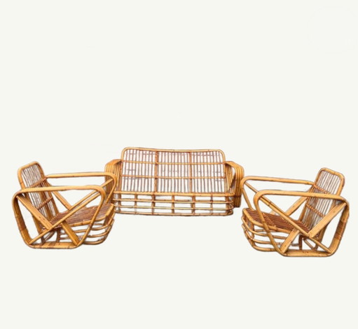 Paul Frankl Rotan Bamboe Loungeset 2 Fauteuil Bank Vintage – 3 5 zitsbanken, Bamboo, Rattan (photo 2 of 9)