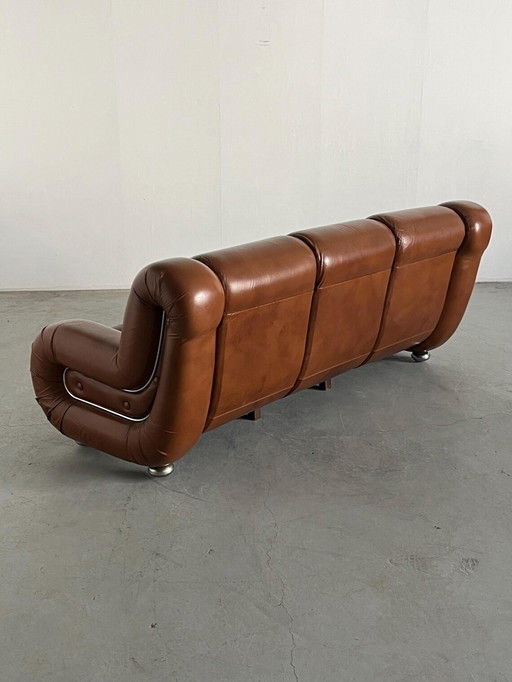Italienisches Space-Age-Wohnzimmer-Set im Stil von Mimo Padova, cognacfarbenes Leder und Chrom, 1970er Jahre Italien