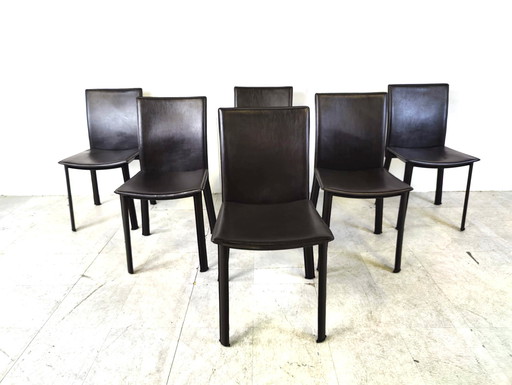 Vintage Brown Leather Dining Chairs Made In Italy 