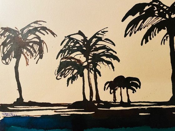 Image 1 of Acuarela bicolor firmada "Crepúsculo en el Nilo"