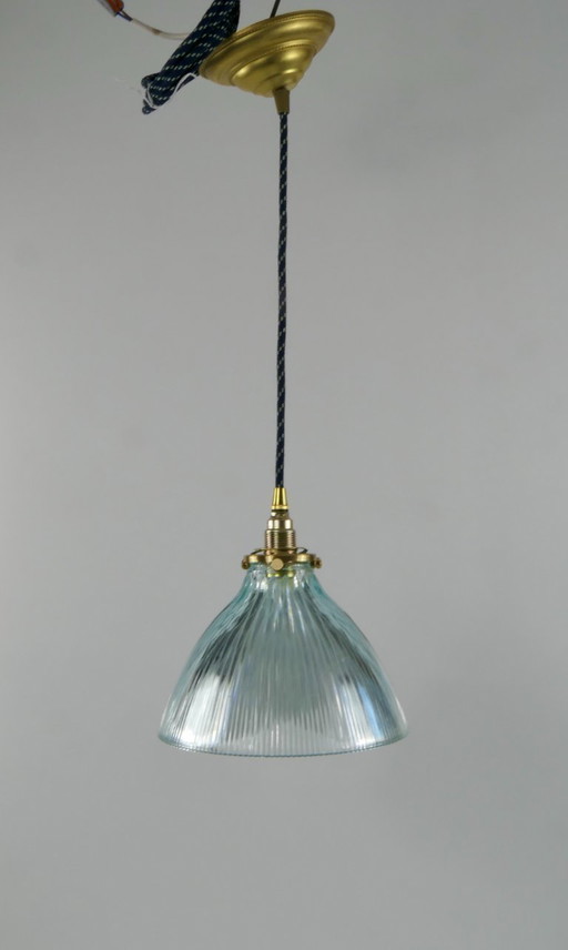 Ribbed ceiling lamp in light blue Holophane glass with brass shade support
