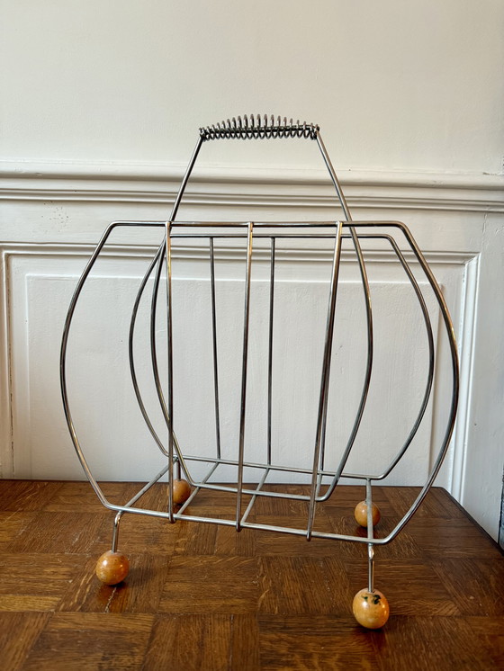 Image 1 of Wooden and metal magazine rack with twisted handle, 1960s/70s