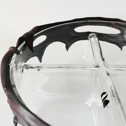 Cuenco vintage de cristal con diseño brutalista y decoración de cuero de Robert Kremsky, años 90