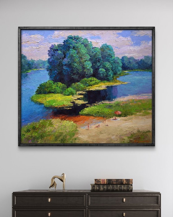 Image 1 of Pintura al óleo original: Paisaje natural, relax veraniego en la playa del río.
