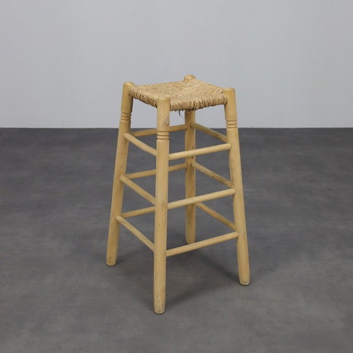 Ensemble de 4 tabourets de bar en bois et canne, 1970