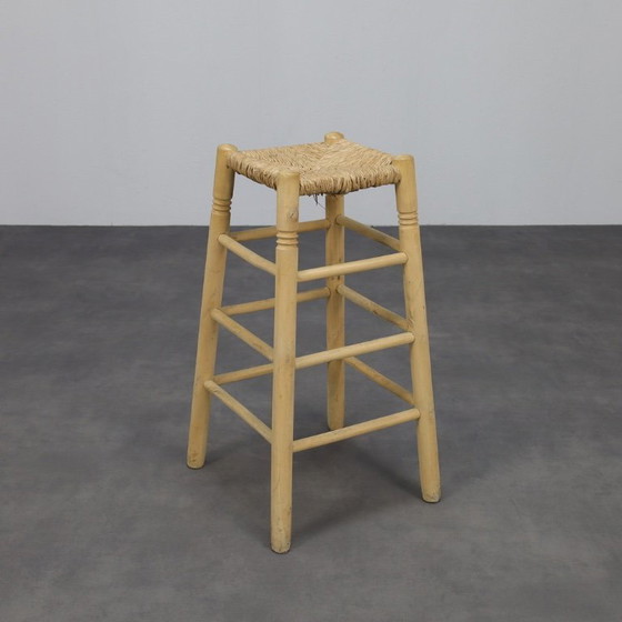 Image 1 of Ensemble de 4 tabourets de bar en bois et canne, 1970