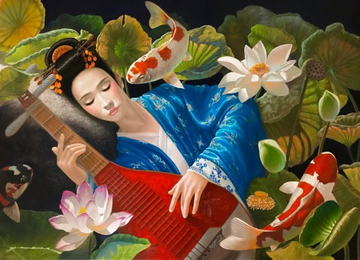 Original Oil Painting Surrealism Japanese Motif Thoughts for a Girl – schilderijen tekeningen, Canvas