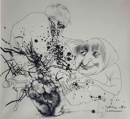 Prachtige ingelijste pentekening van de bekende Russische kunstenaar Vyacheslav Mikhailov