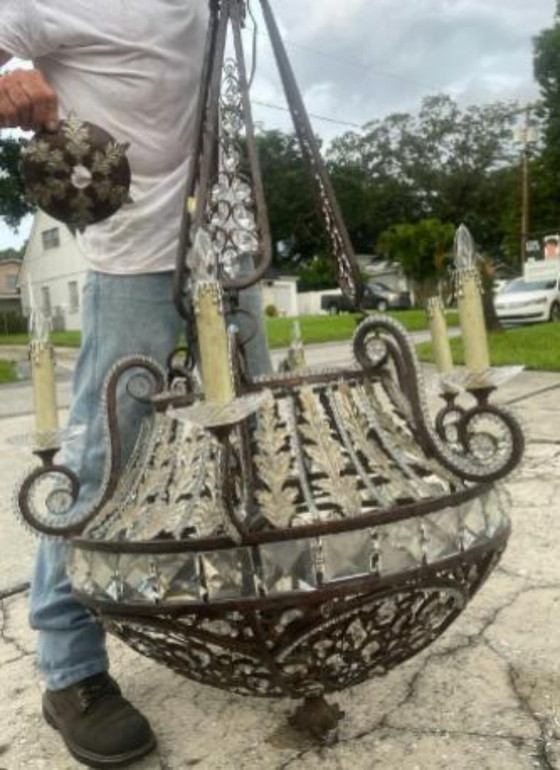 Image 1 of Large Antique Bronze And Crystal Chandelier