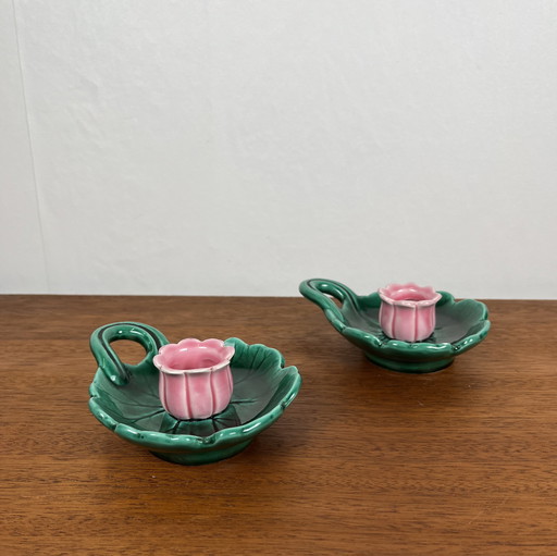 Vintage Barbotine Flower Candle Holder Duo