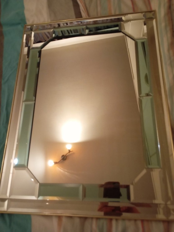 Miroir Art Déco avec cadre doré et verre biseauté, Métal, Art Deco (photo 2 sur 5)