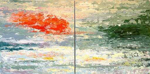 Large abstract diptych with warm orange and soft green tones | Numinosity | 120 x 60 cm