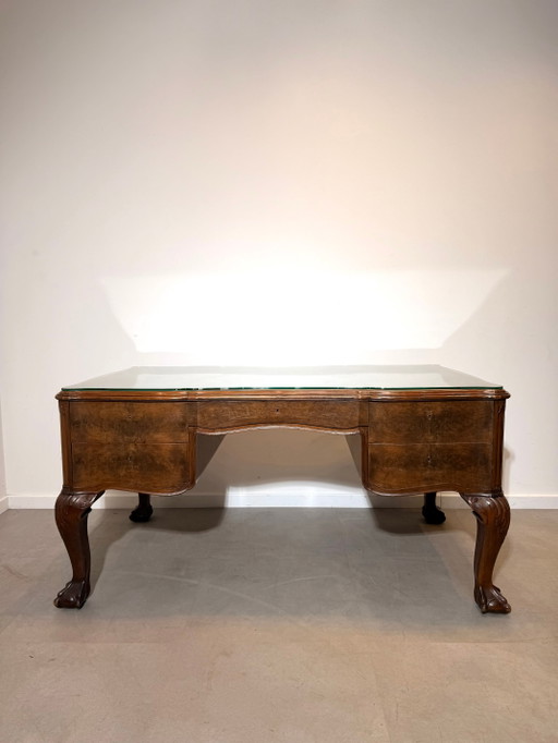 Antique Burr Walnut Partner’s Desk with Glass Top "chippendale" – bureau