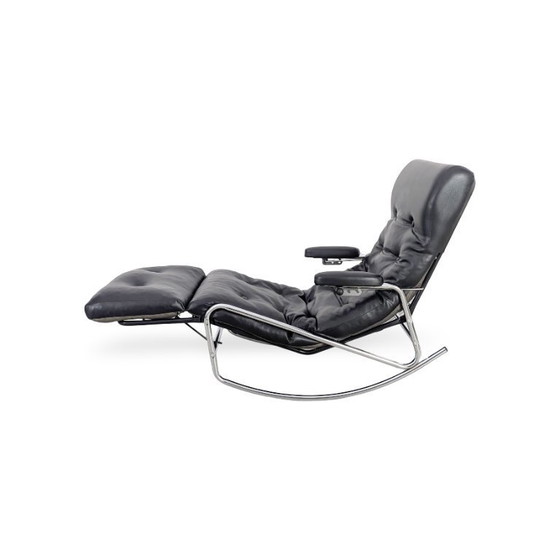 Image 1 of Sillón mecedora de diseño original Lama, de cuero negro, estilo Bauhaus.