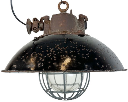 Black Enamel and Cast Iron Industrial Cage Pendant Light, 1960s