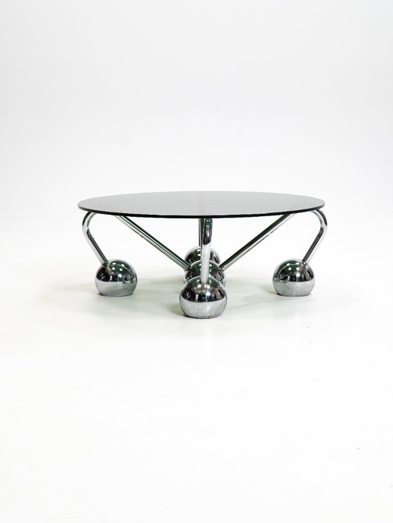 Image 1 of Sputnik salontafel in verchroomd metaal en gerookt glas, jaren 70, Italië