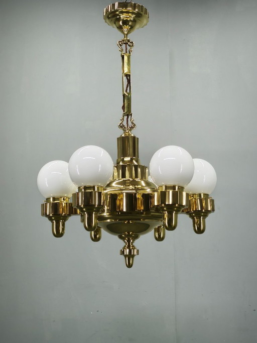 Lustre Art Déco tchèque en laiton à double position de bras, années 1930