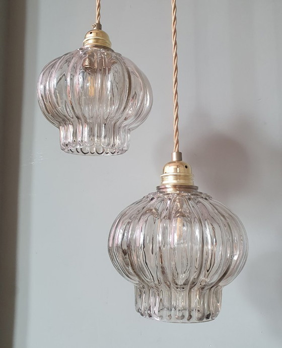 Image 1 of Set of two vintage floral pendant lamps in lantern shape. Mid Century