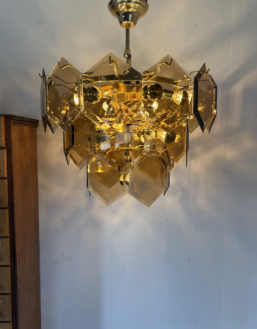 Vintage hexagon rookglazen kroonluchter, Italië ‘70